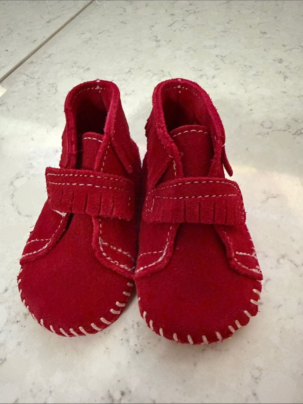 Minnetonka Red Suede Kids Fringe Moccasins